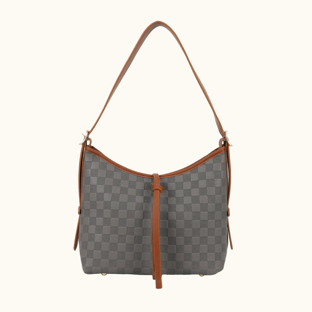 Gray checkered handbag with brown accents on a white background
