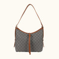 Gray checkered handbag with brown accents on a white background