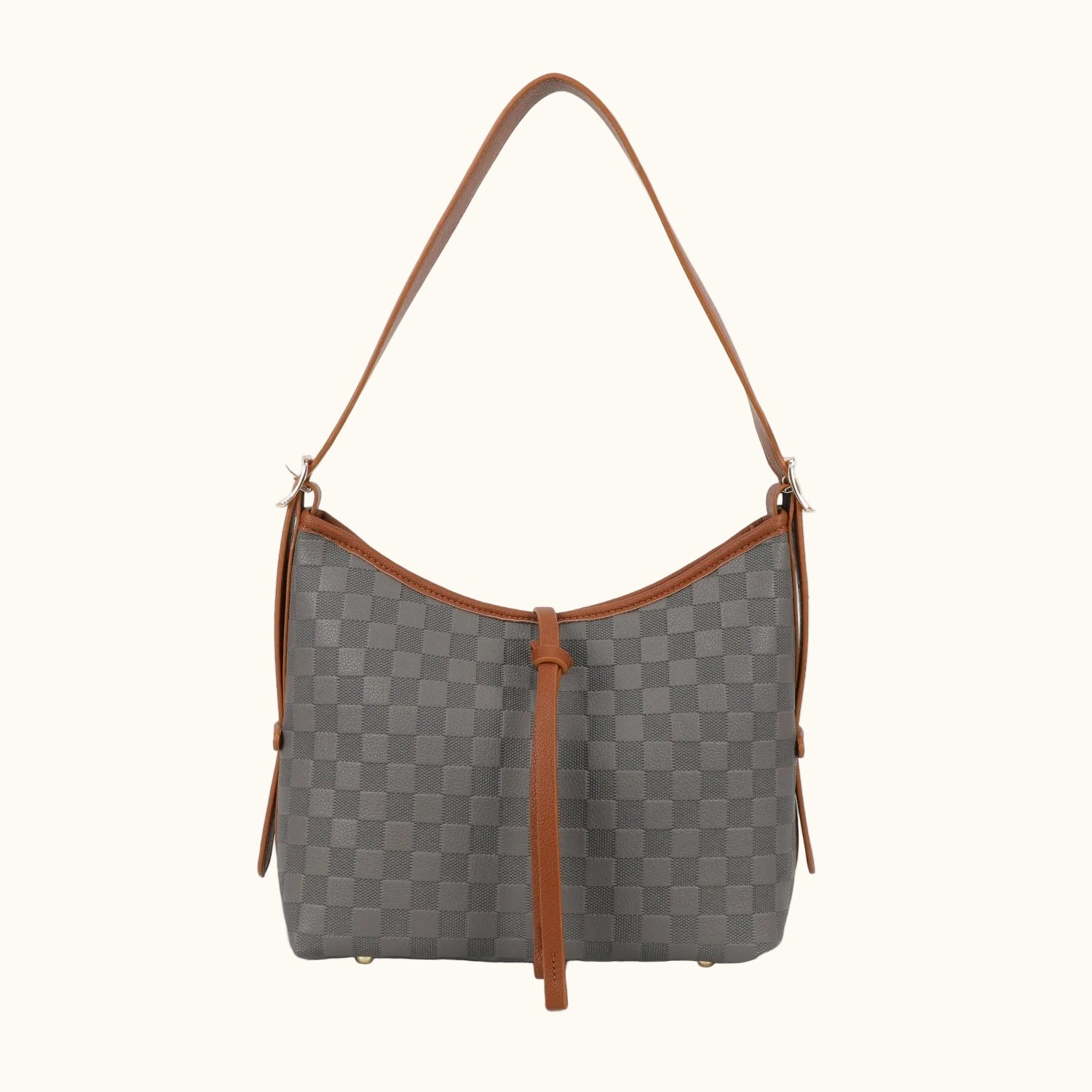Gray checkered handbag with brown accents on a white background