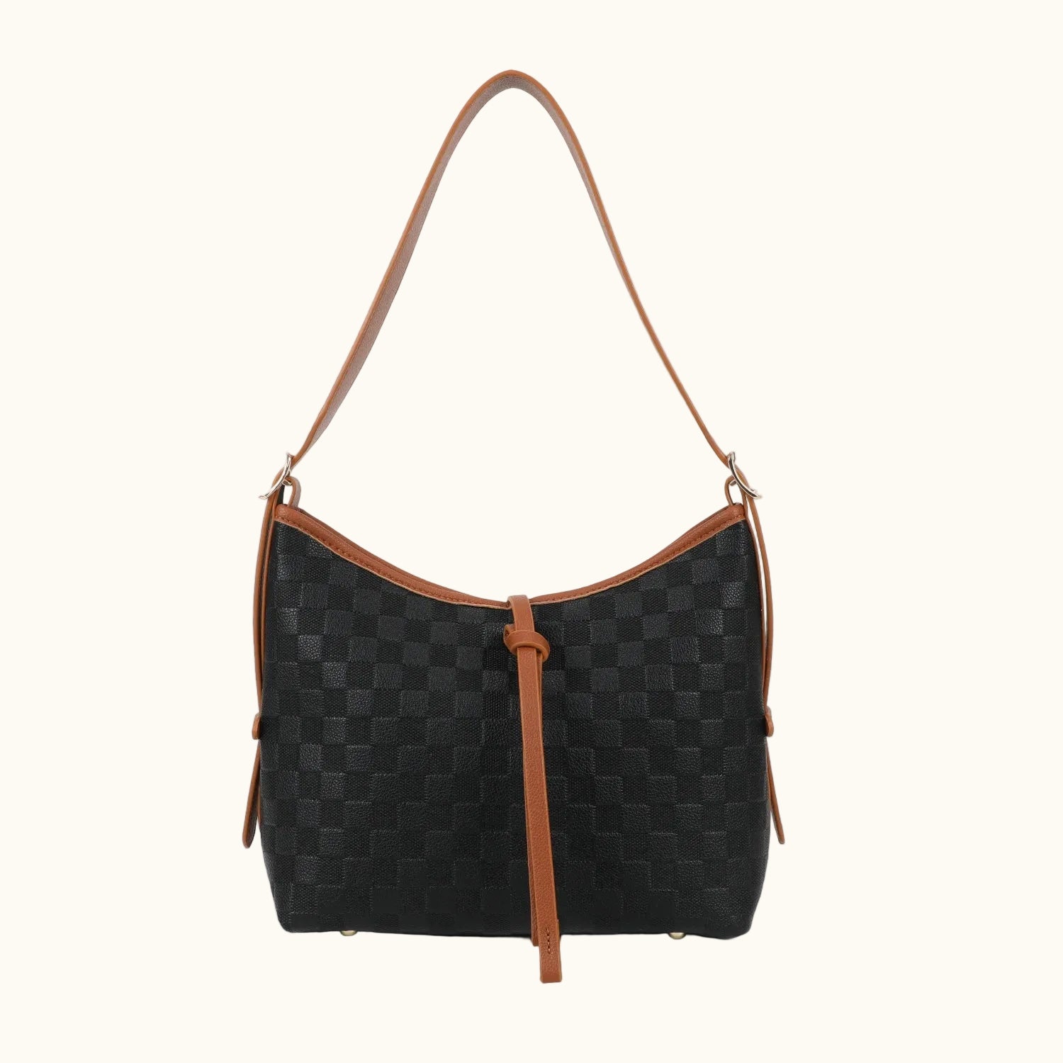 Black checkered handbag with brown straps on a white background
