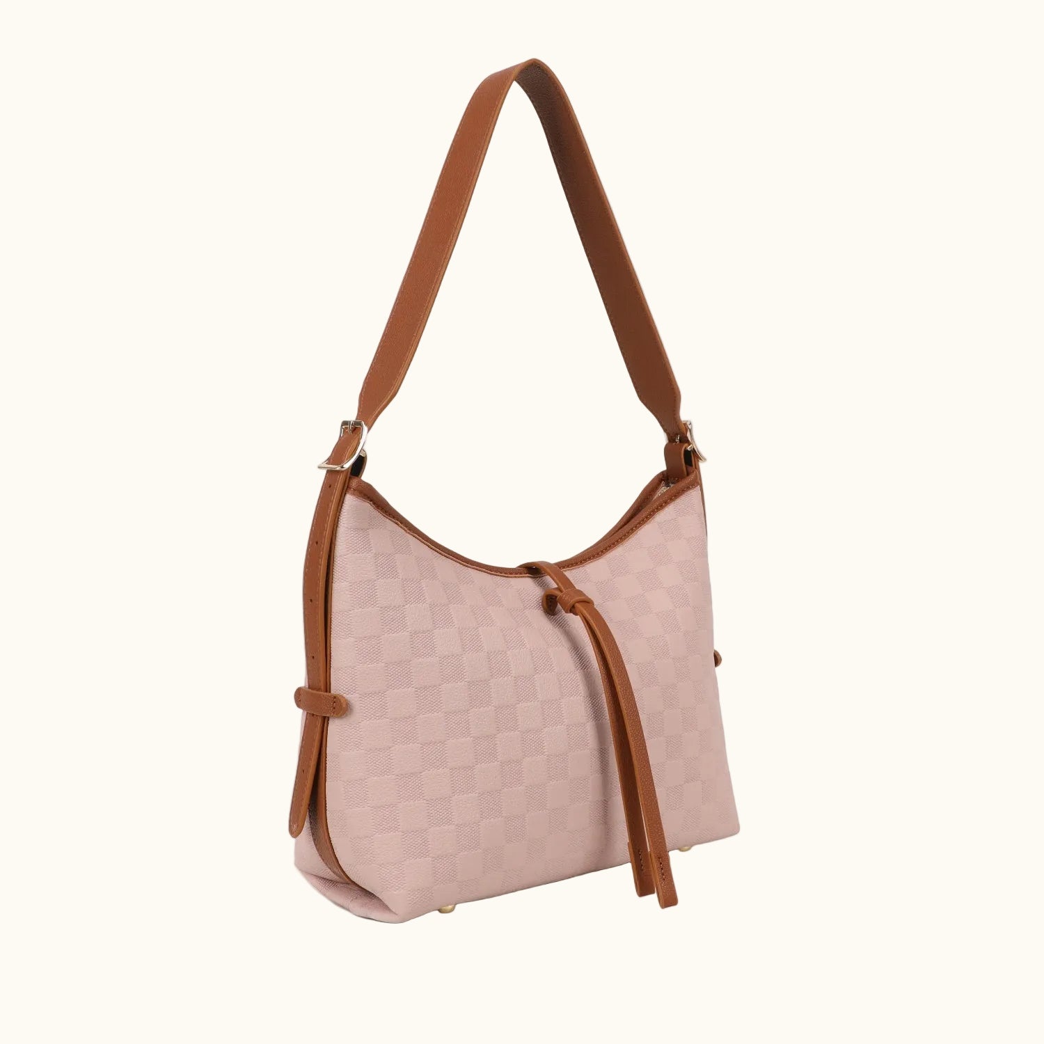 Pink handbag with brown straps on a white background