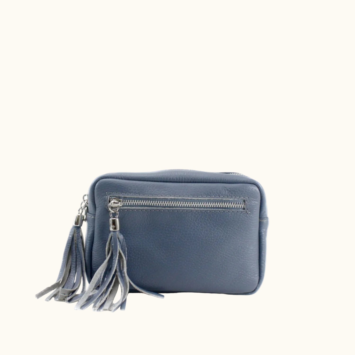 Blue handbag with tassels on a white background