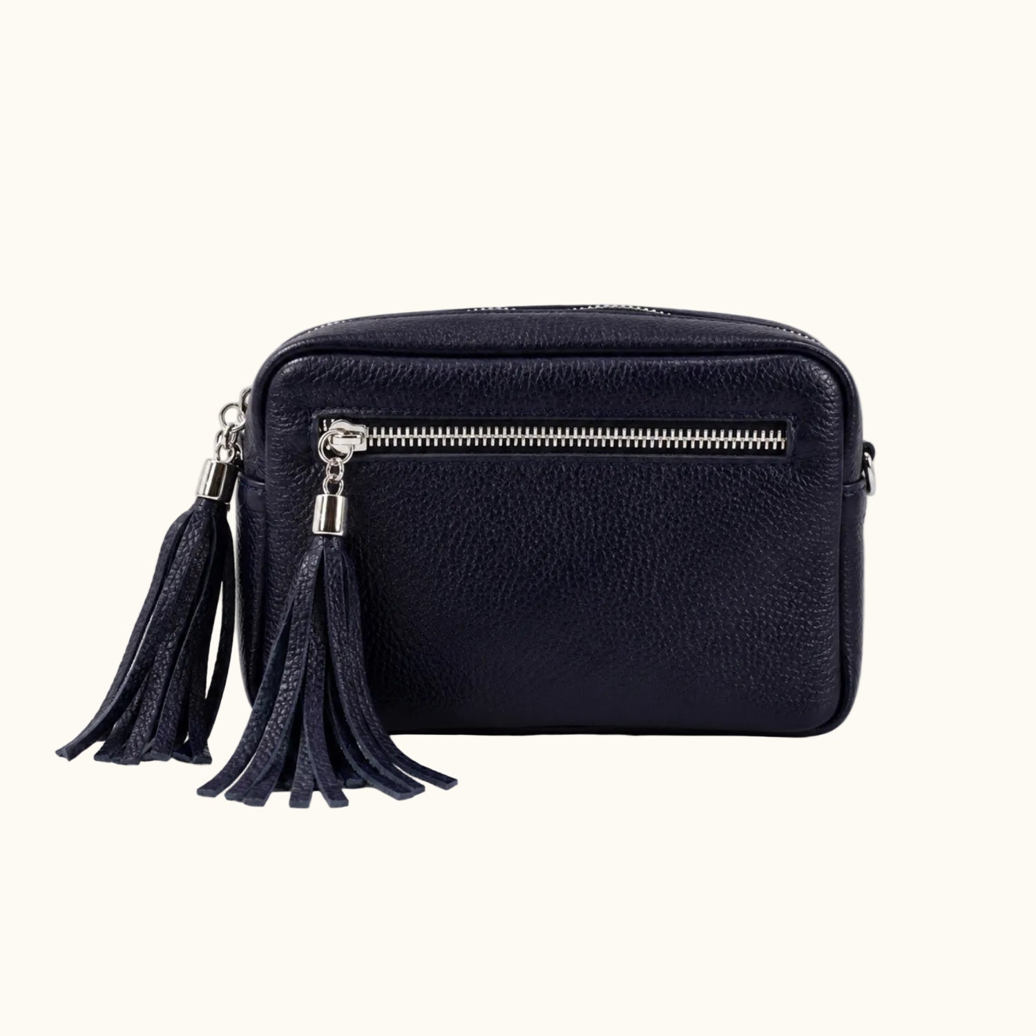 Black leather crossbody bag with tassels on a white background