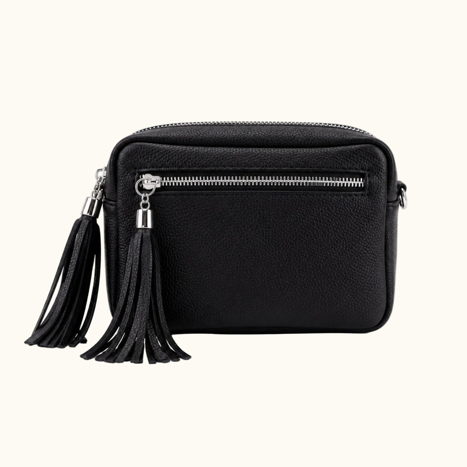 Black crossbody bag with tassels on a white background