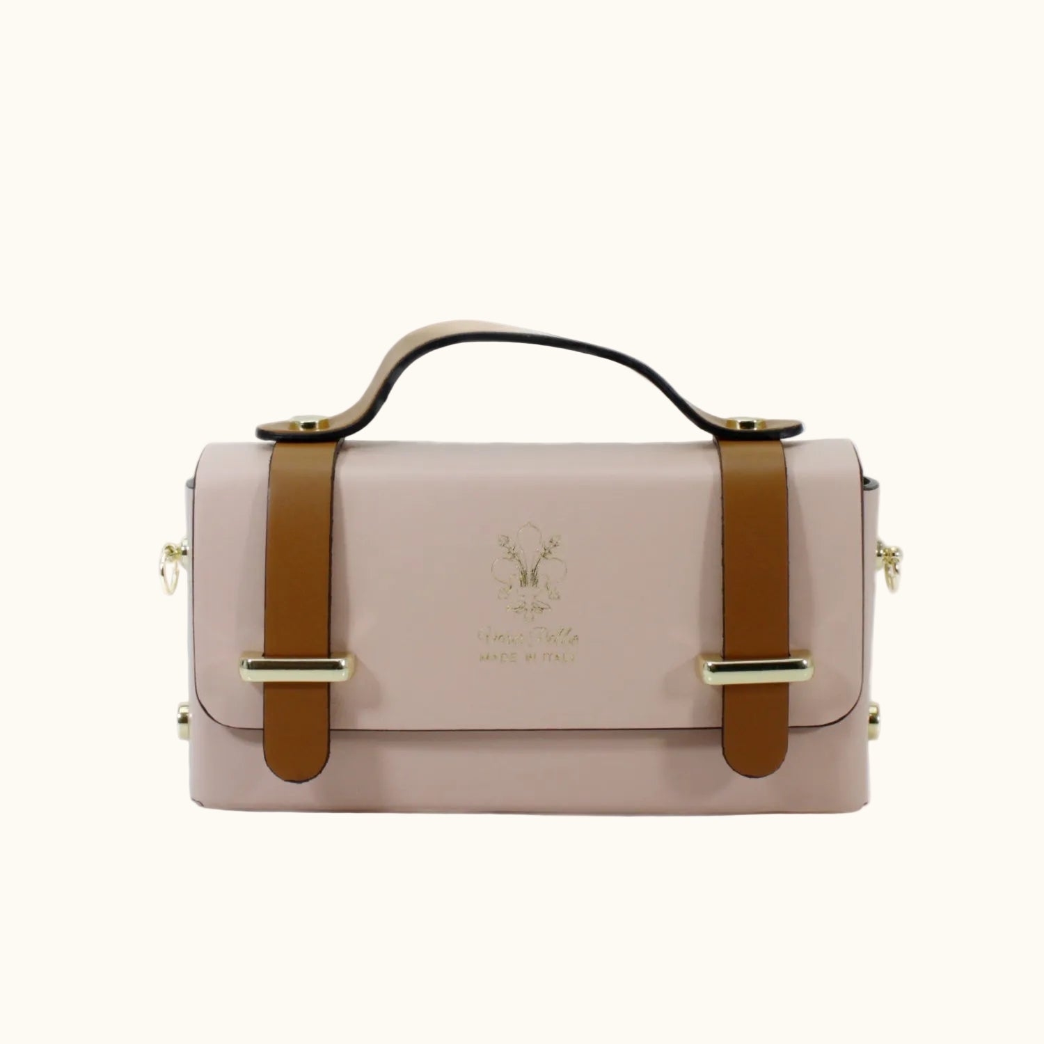 Pink handbag with brown straps and gold accents on a white background