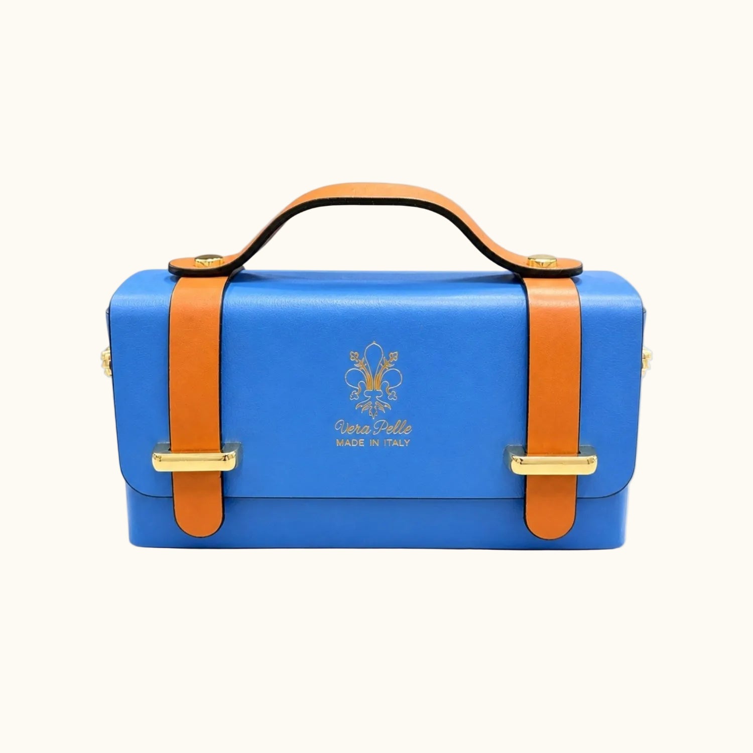 Blue bag with orange straps and a visible brand logo on a white background