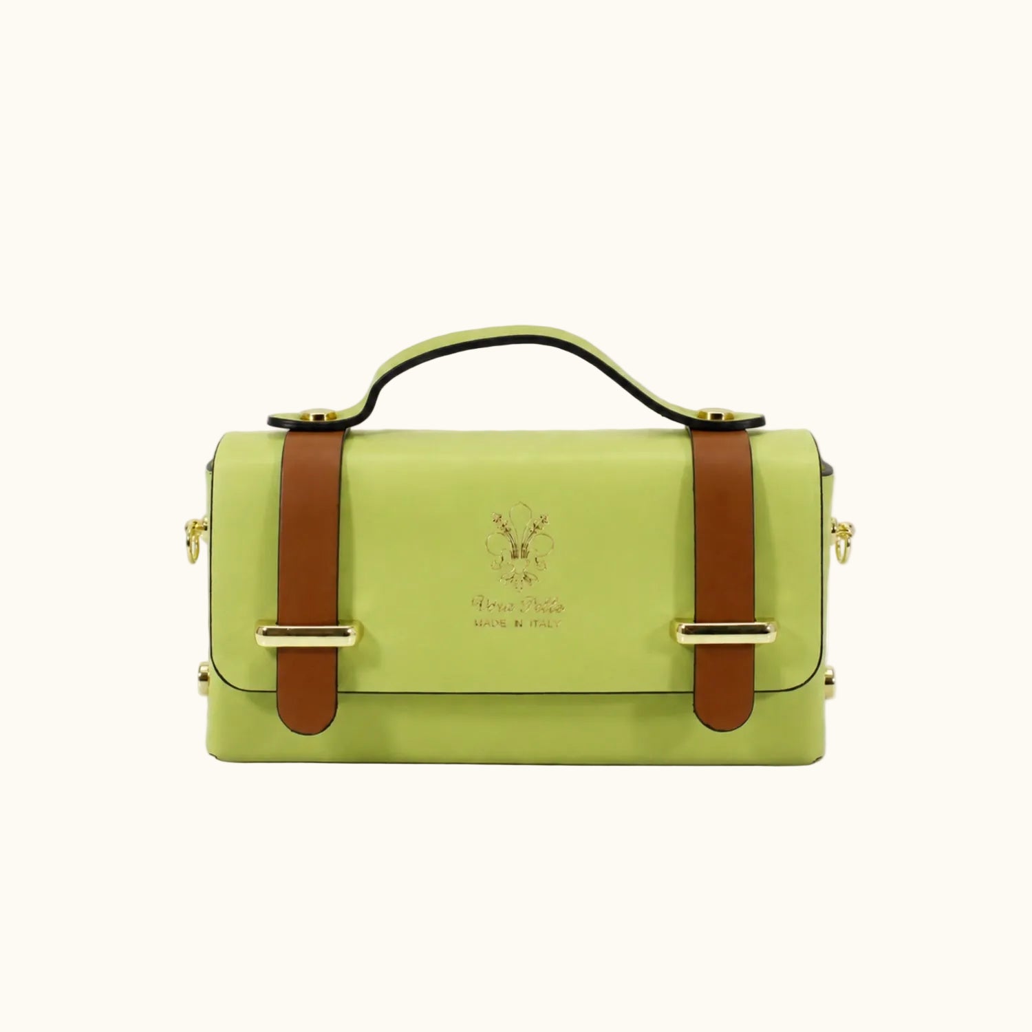 Green handbag with brown straps on a white background