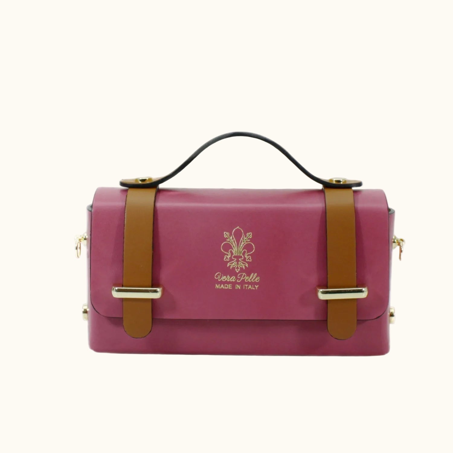 Pink handbag with brown straps and gold accents on a white background