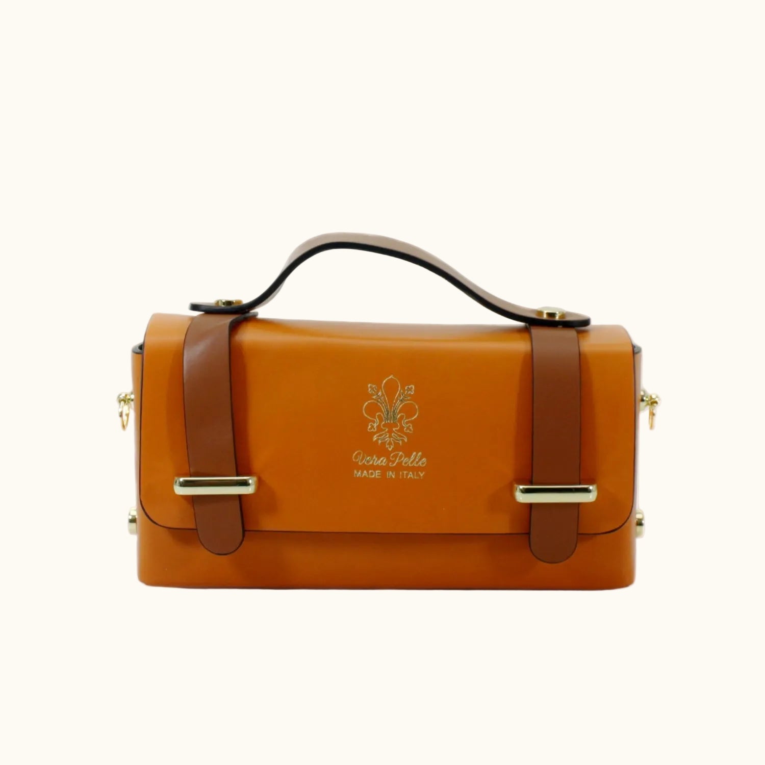 Brown leather handbag with gold accents on a white background
