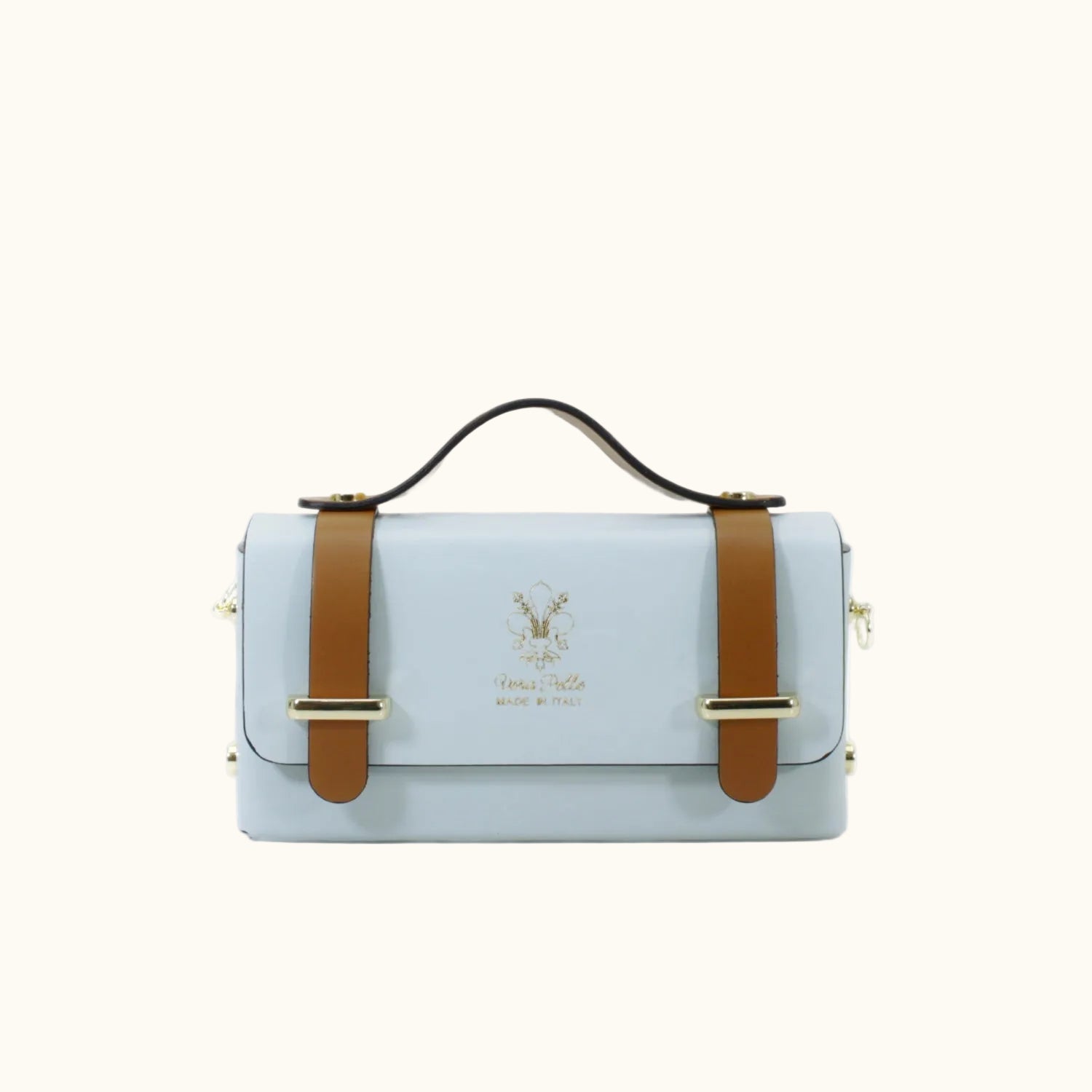 Light blue handbag with brown straps on a white background