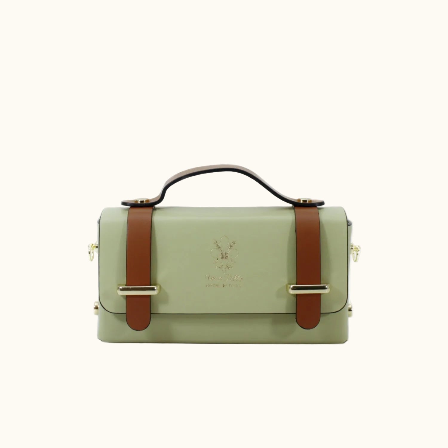 Green handbag with brown straps on a white background