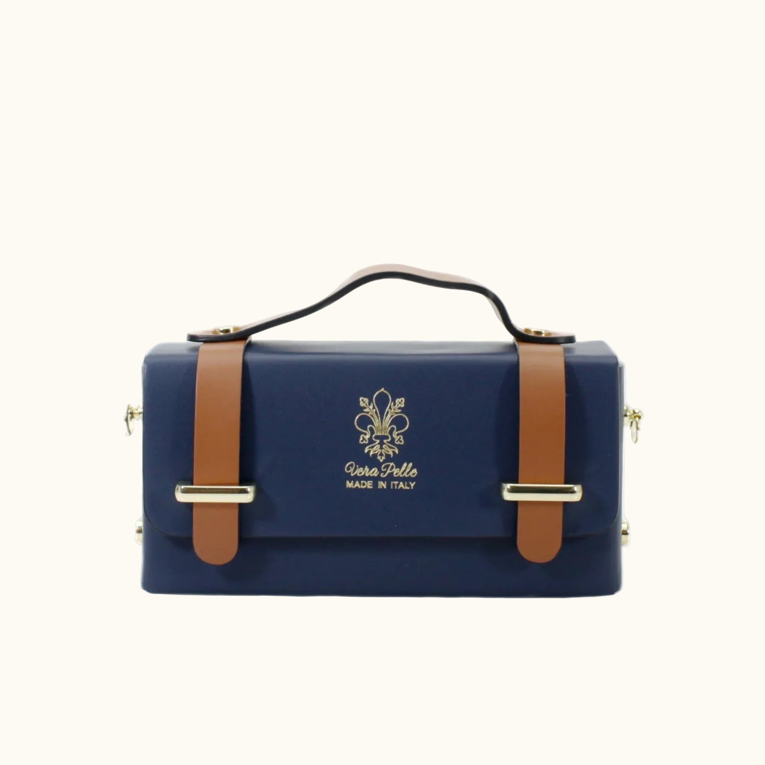 Blue handbag with brown straps and gold accents on a white background