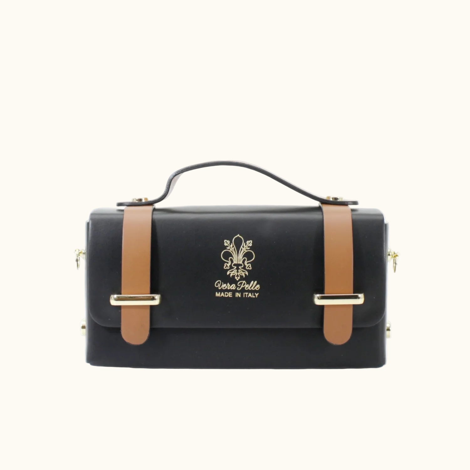 Black handbag with brown straps and gold accents on a white background