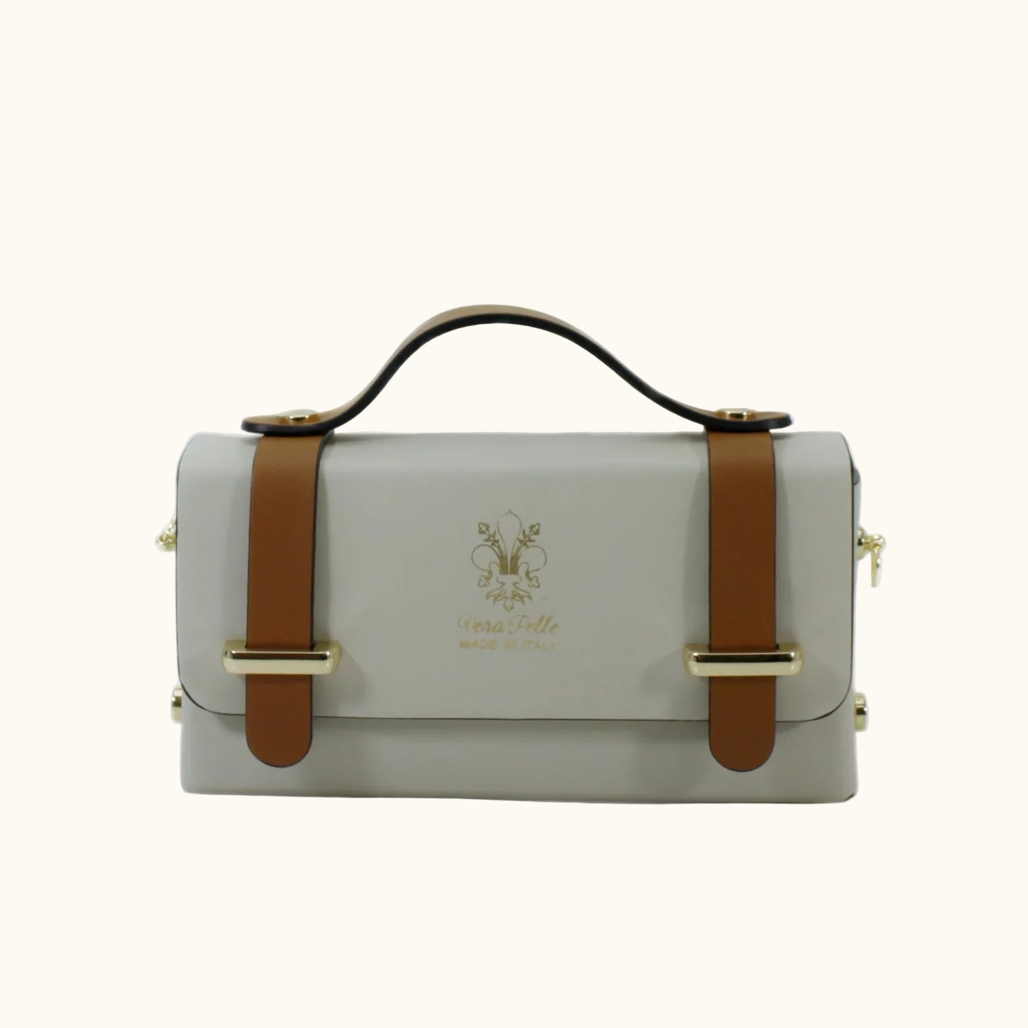 Light gray handbag with brown straps and gold accents on a white background