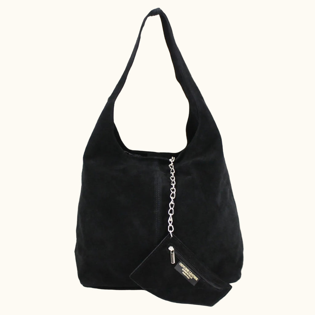 Black handbag with a chain detail on a white background