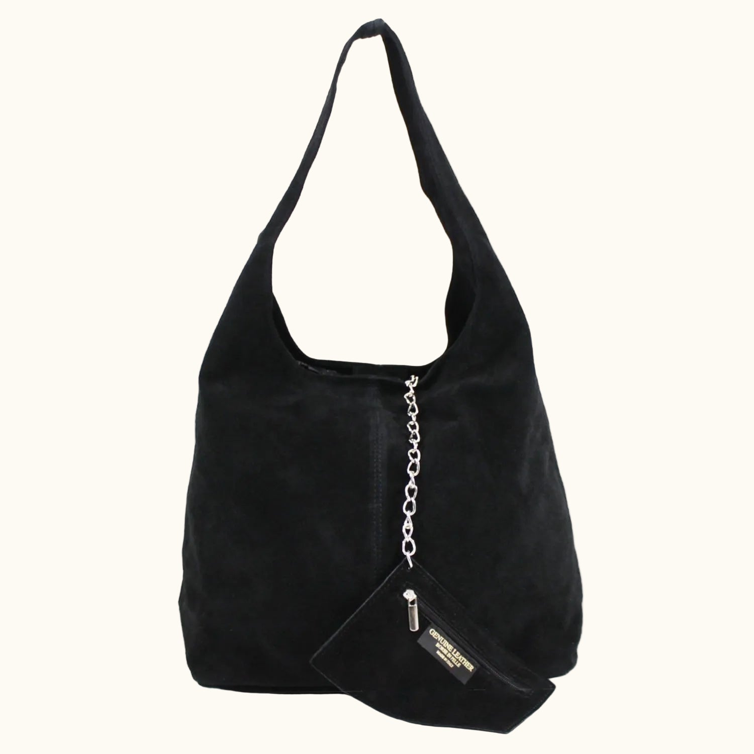 Black handbag with a chain detail on a white background