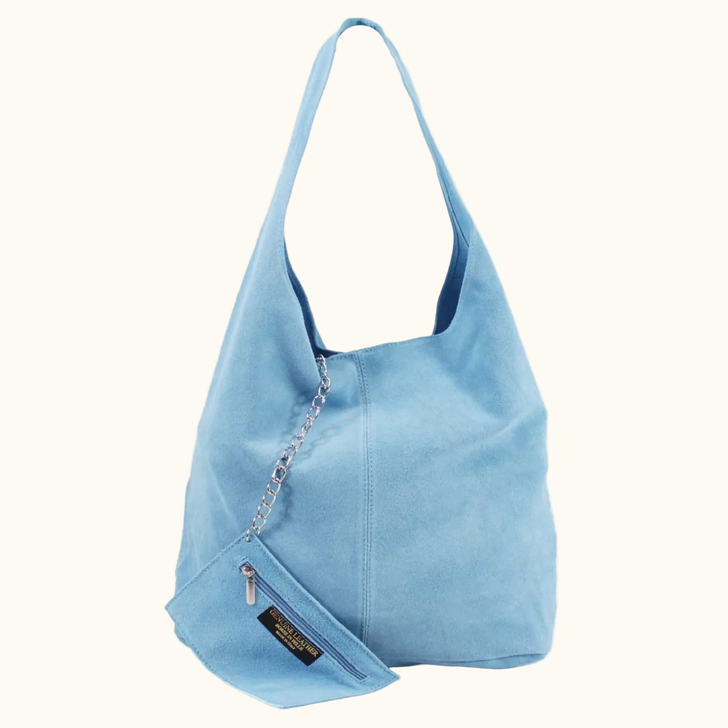 Light blue shoulder bag with a chain detail on a white background