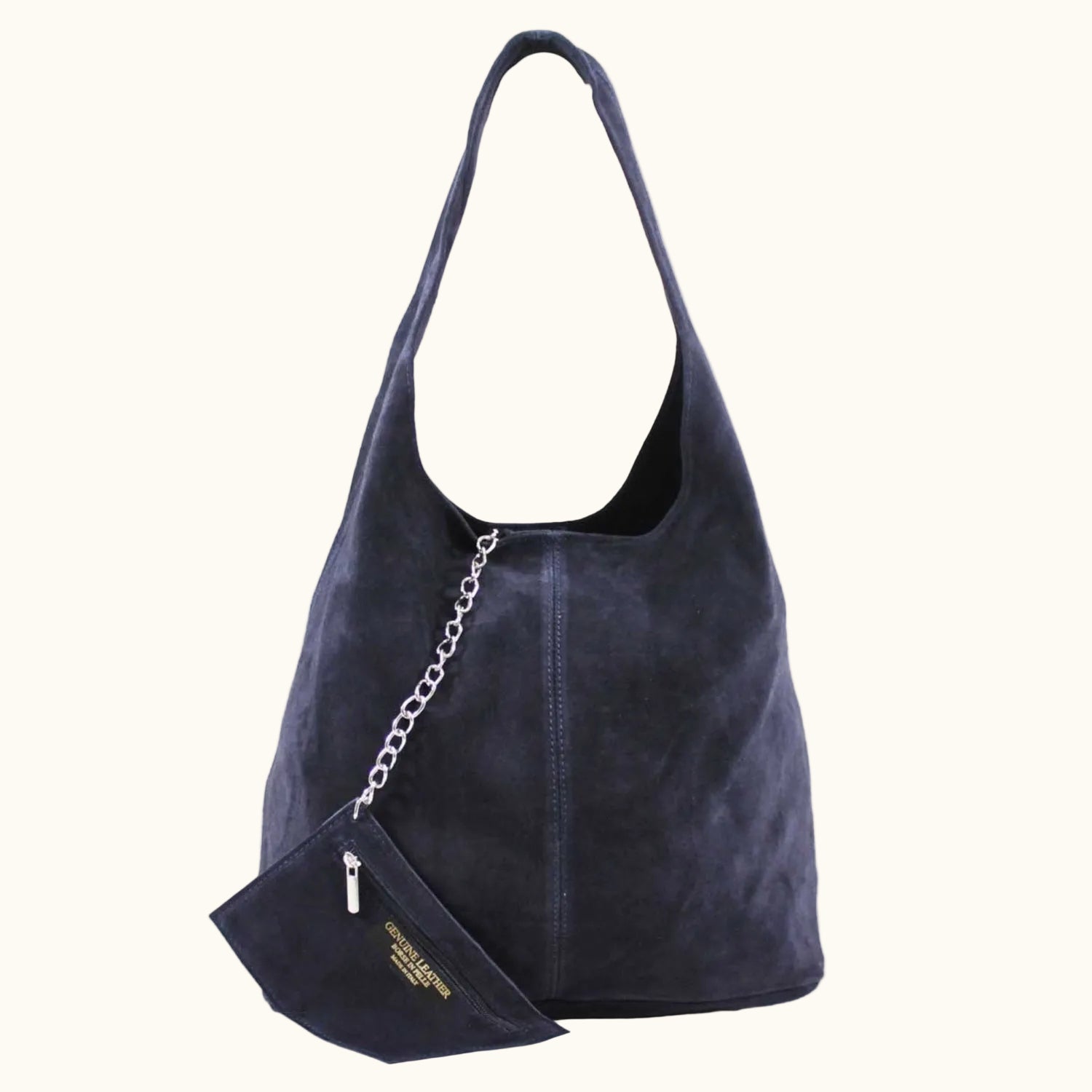 Navy blue handbag with a chain detail on a white background