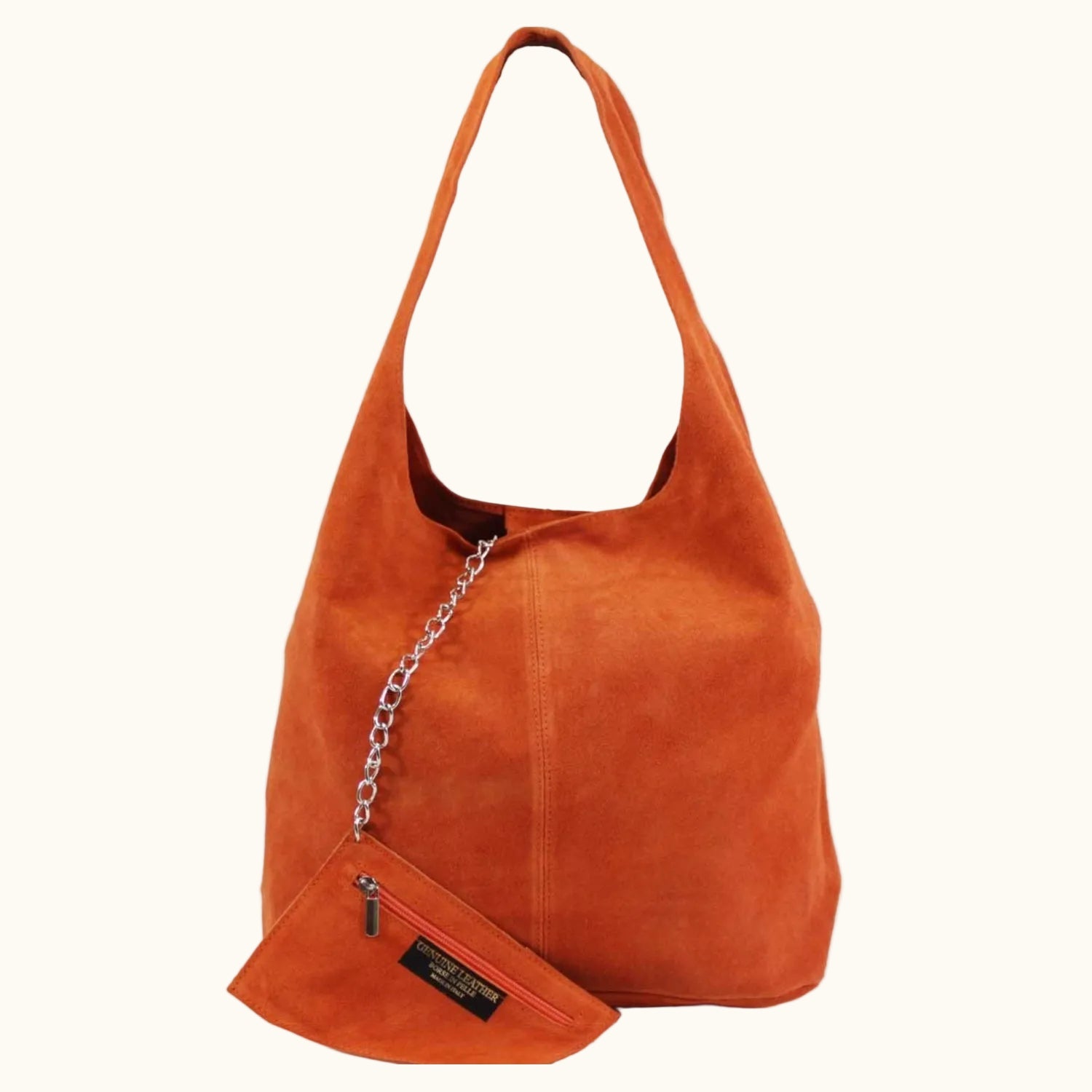 Orange handbag with a chain detail on a white background