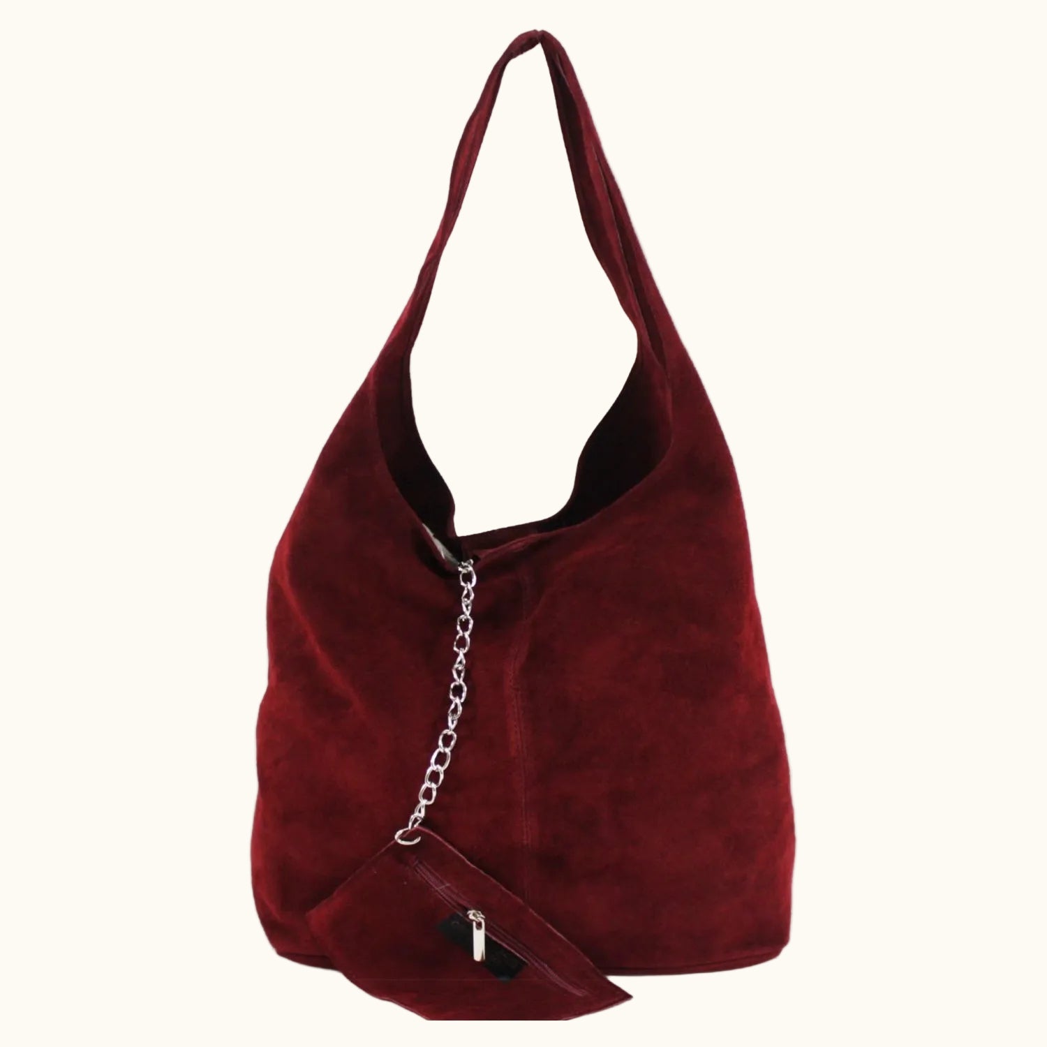 Red handbag with a chain detail on a white background