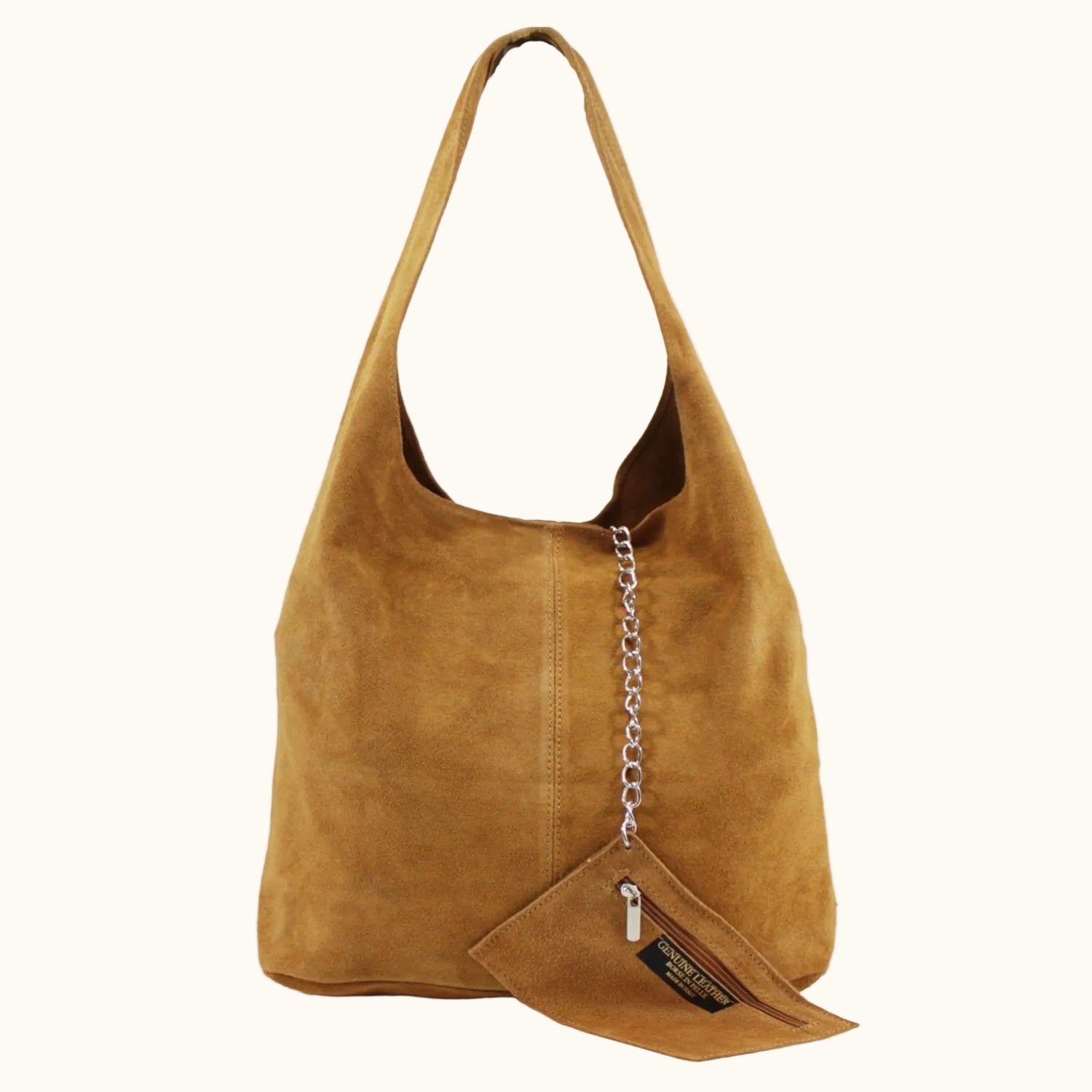Brown leather handbag with a chain detail on a white background