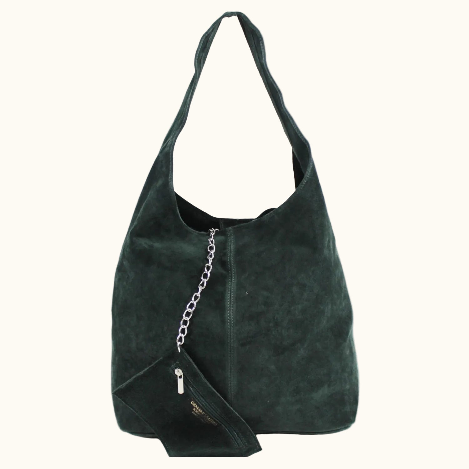 Green handbag with a chain detail on a white background