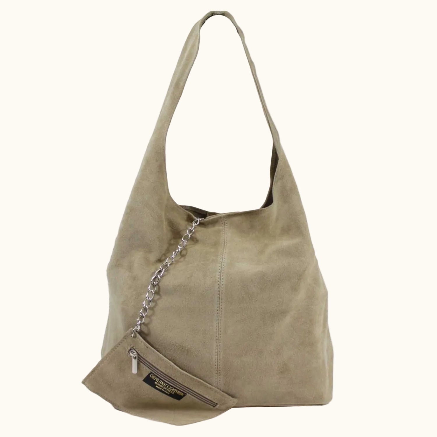 Beige handbag with a chain detail on a white background