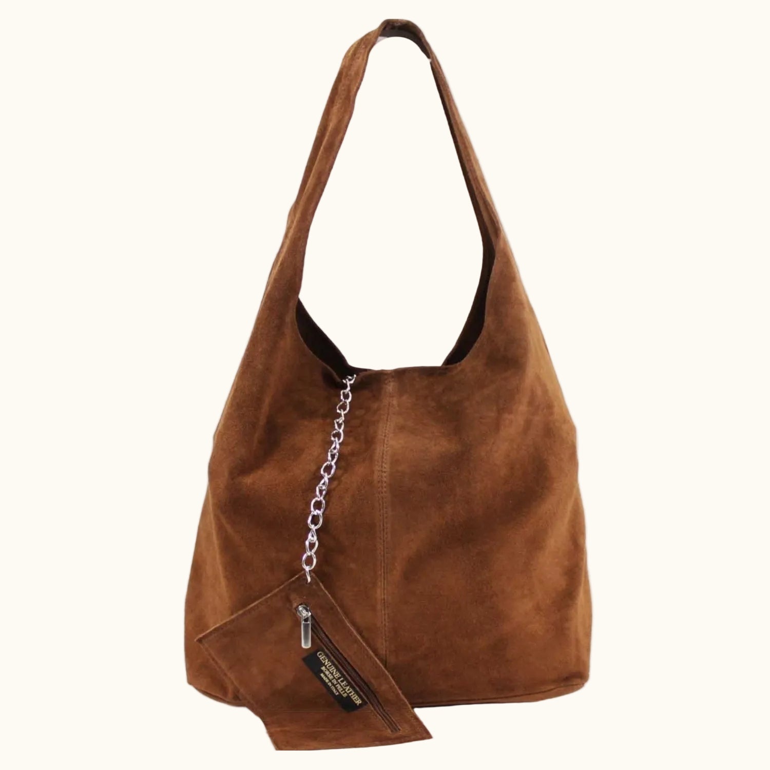 Brown suede handbag with a chain detail on a white background