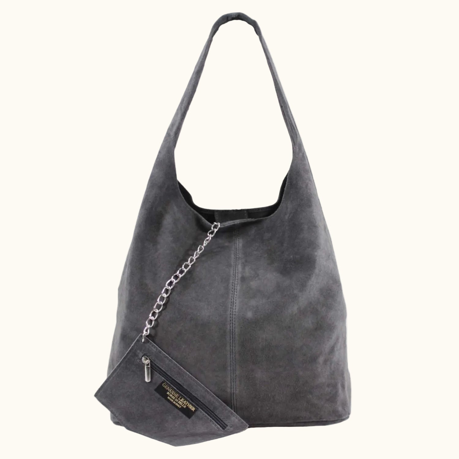 Gray shoulder bag with a detachable chain on a white background