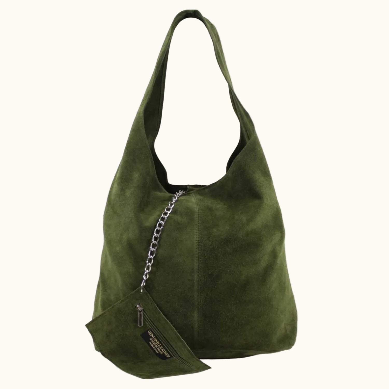 Green suede handbag with a chain detail on a white background