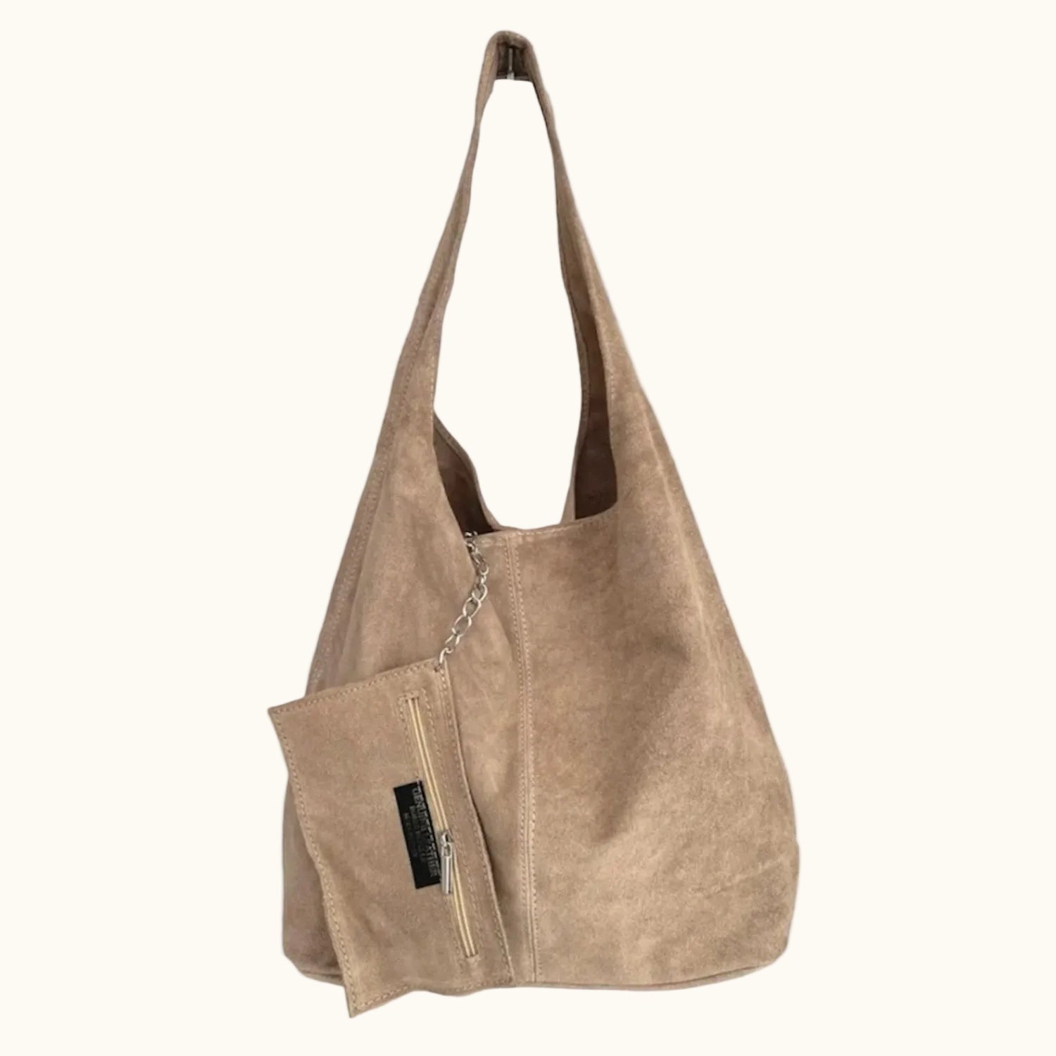 Beige handbag with a small pocket and zipper on a white background