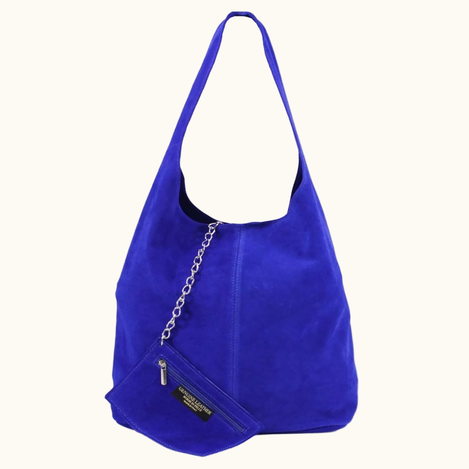 Blue handbag with a chain detail on a white background