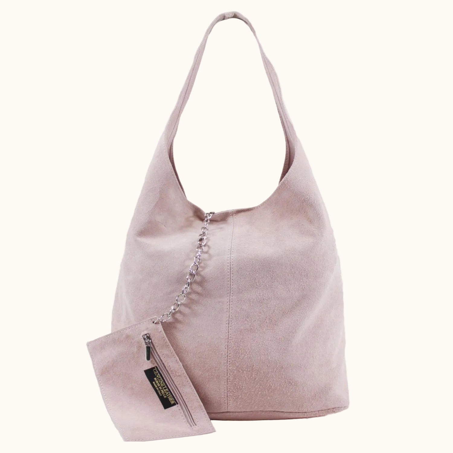 Beige handbag with a matching pouch on a white background