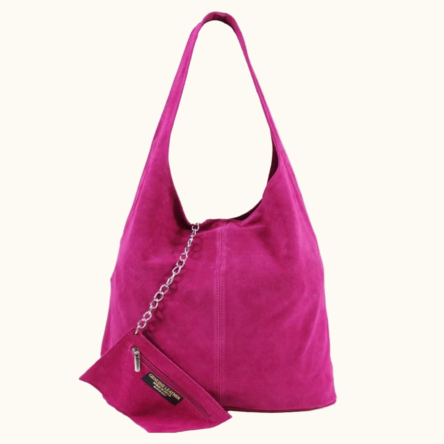 Pink handbag with a chain detail on a white background