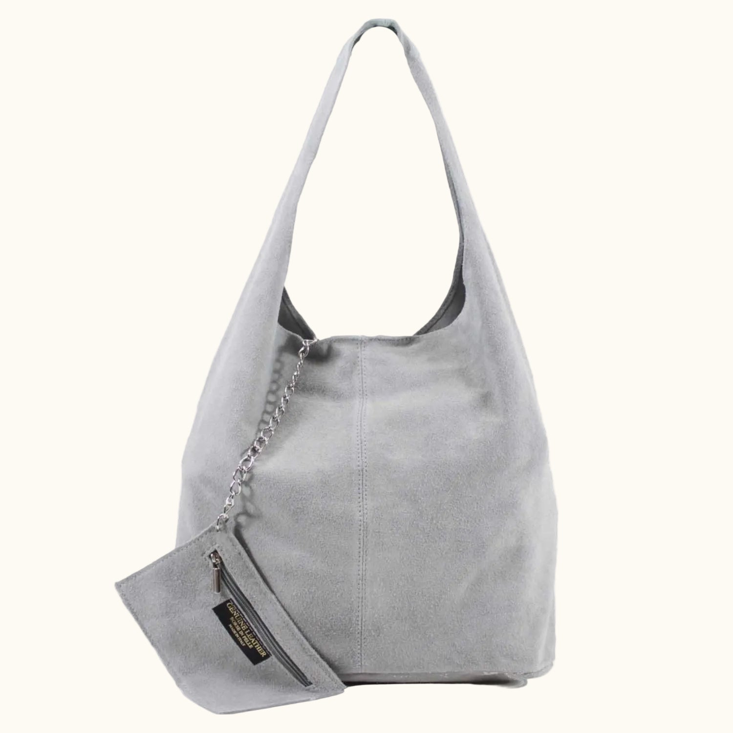 Gray handbag with a matching pouch on a white background