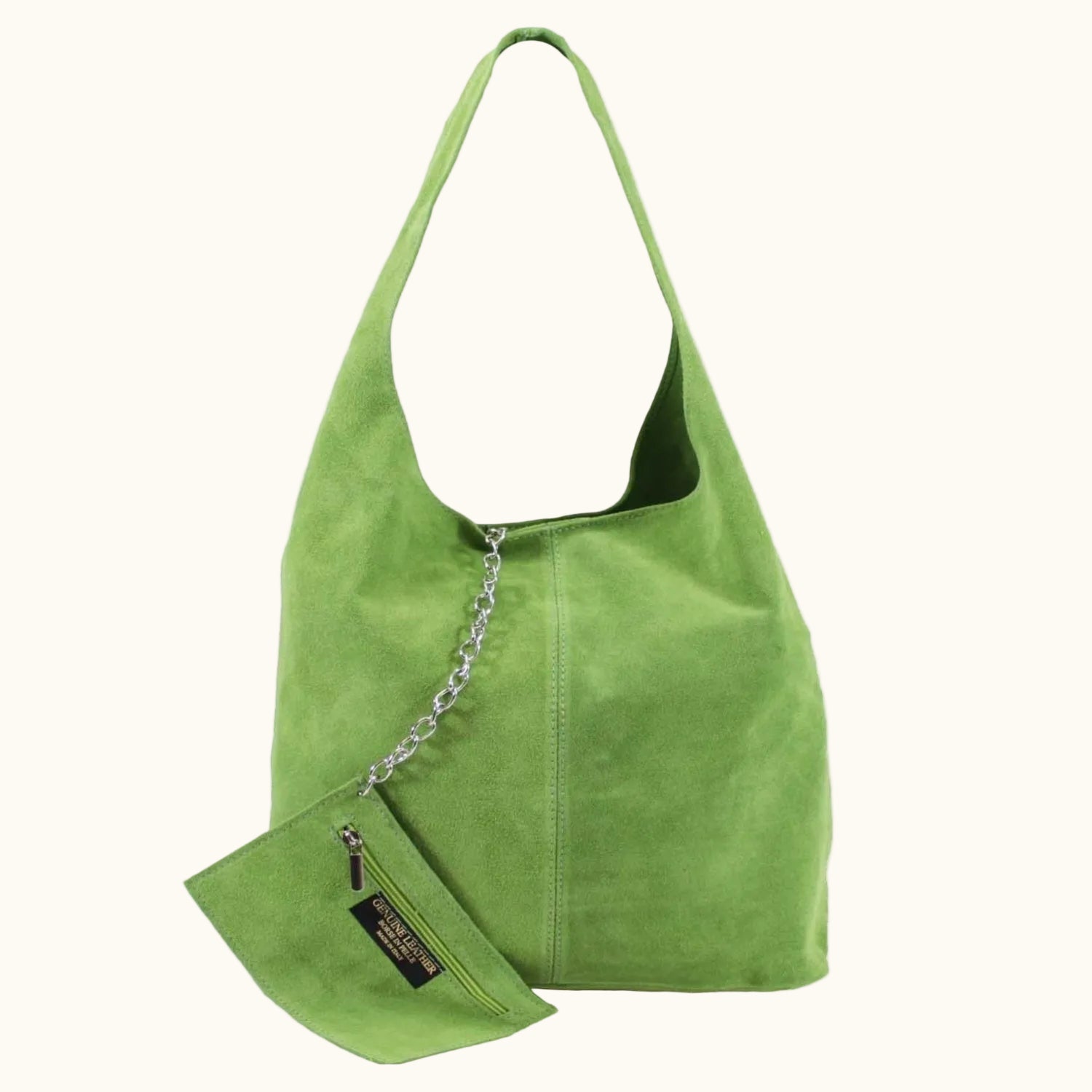 Green handbag with a chain detail on a white background