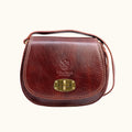 Brown leather handbag with gold clasp on a white background