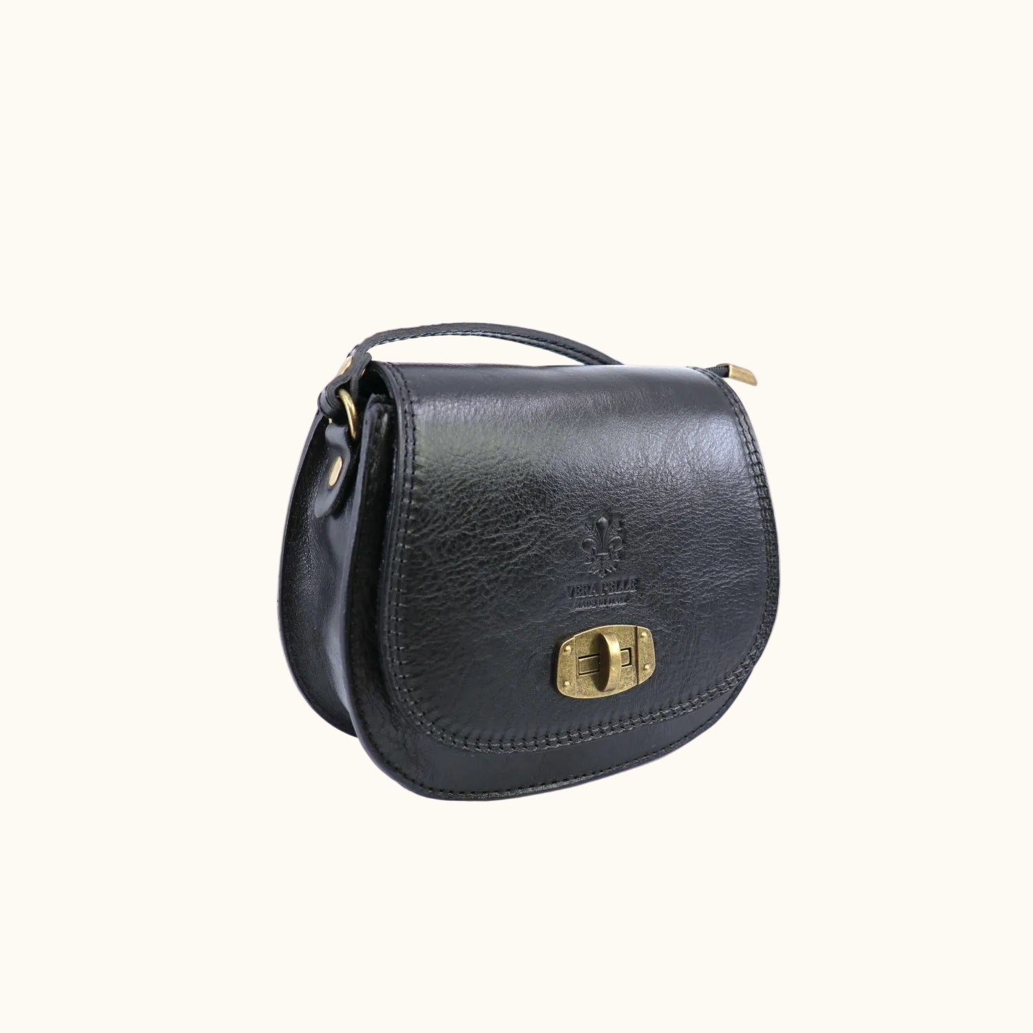 Black leather handbag with gold clasp on a white background