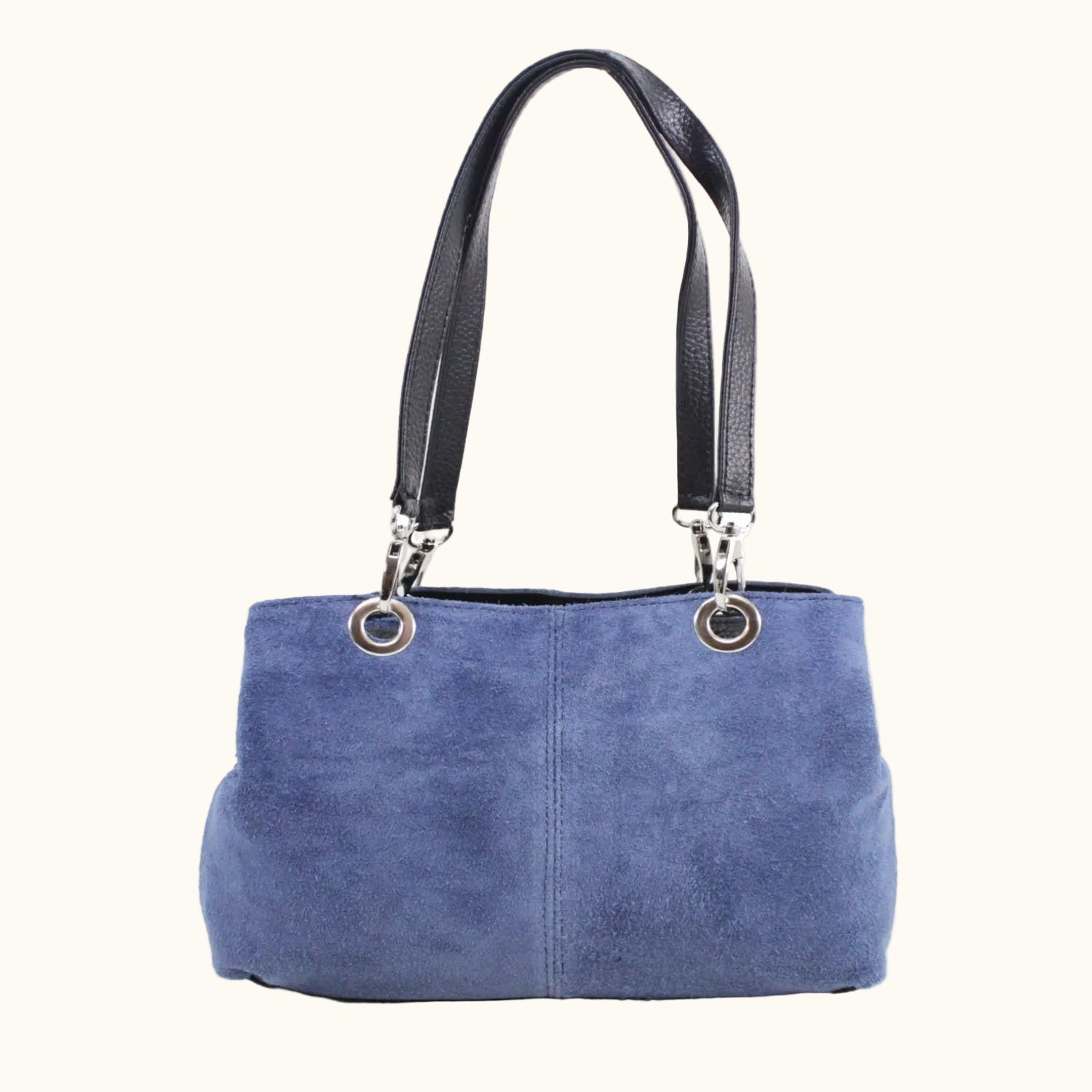 Blue handbag with black handles on a white background