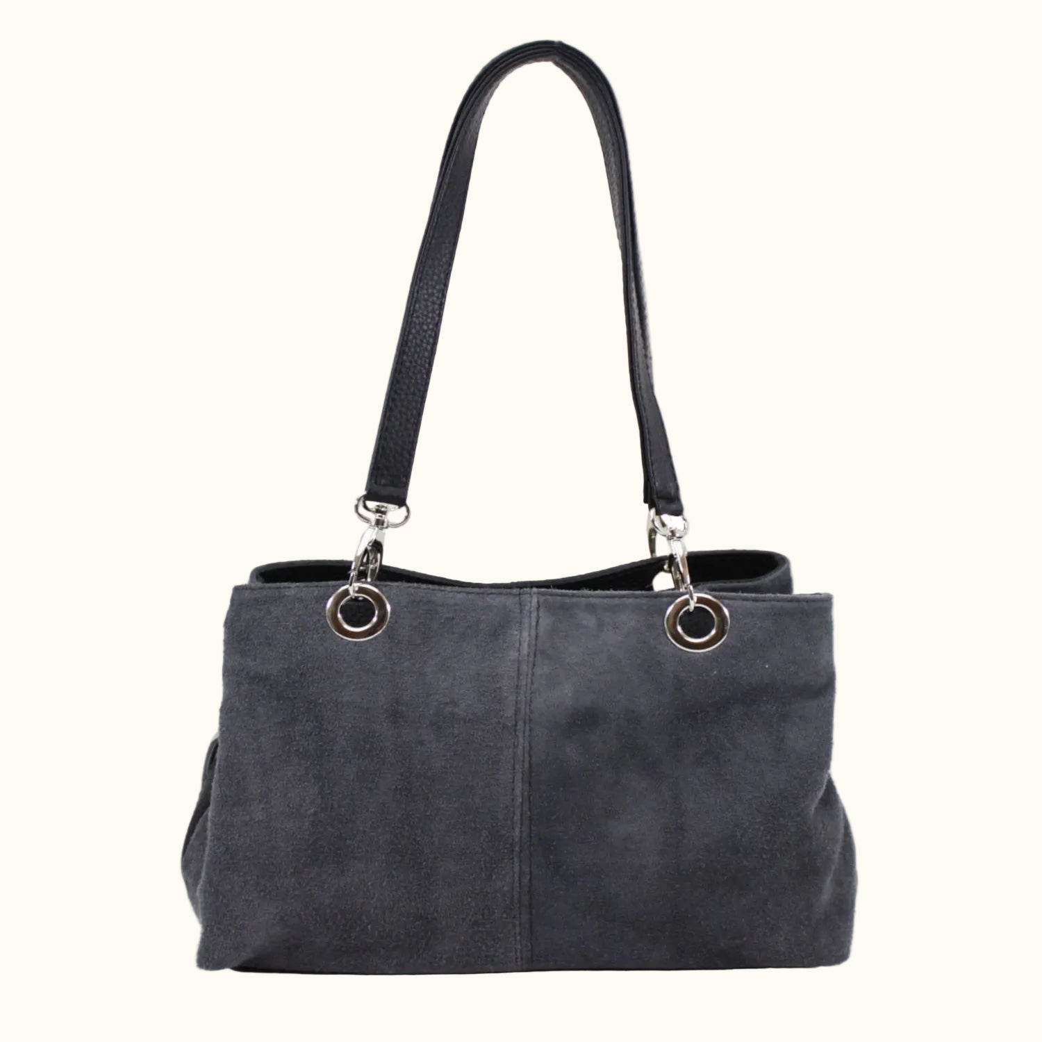Gray handbag with black handle on a white background