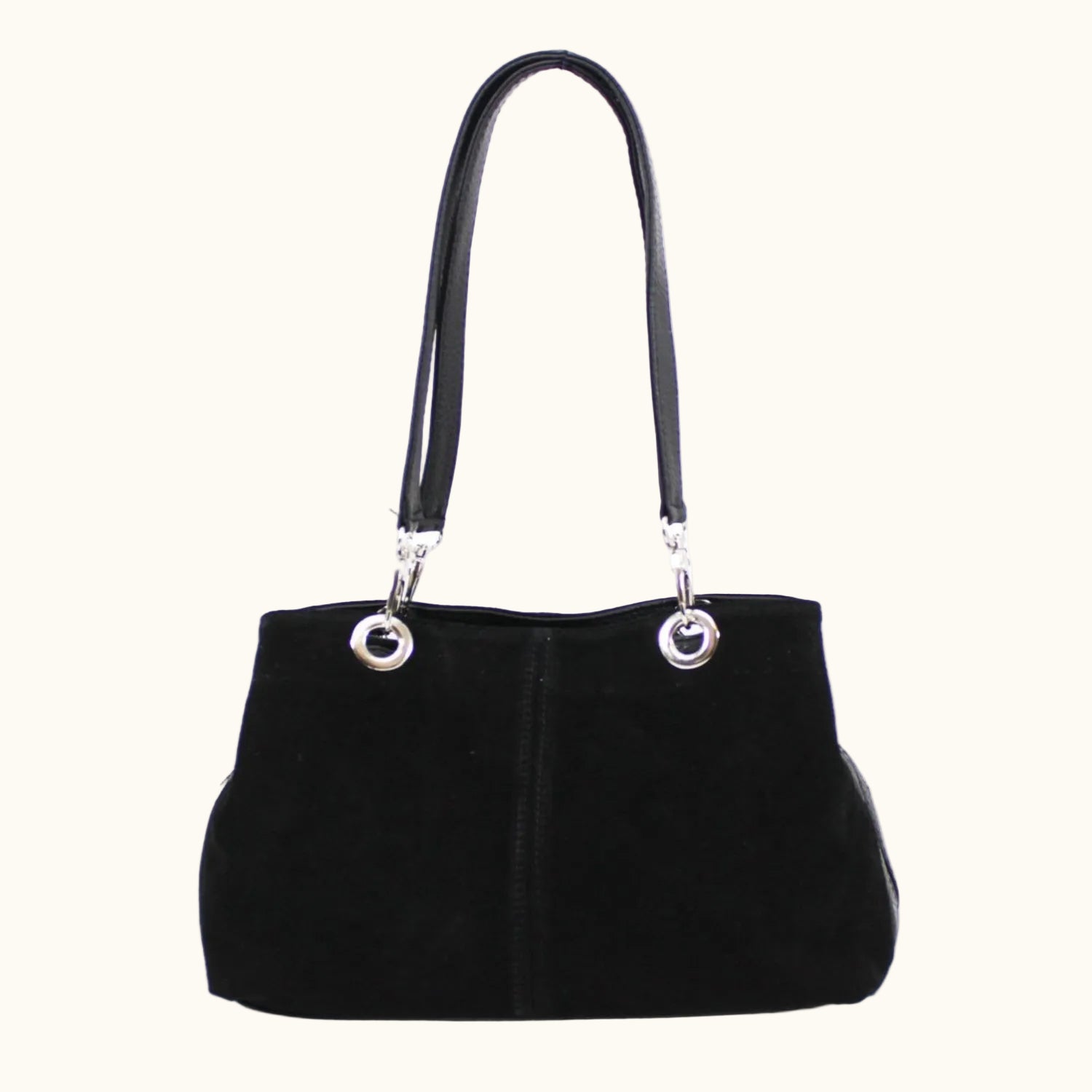 Black handbag with silver handles on a white background