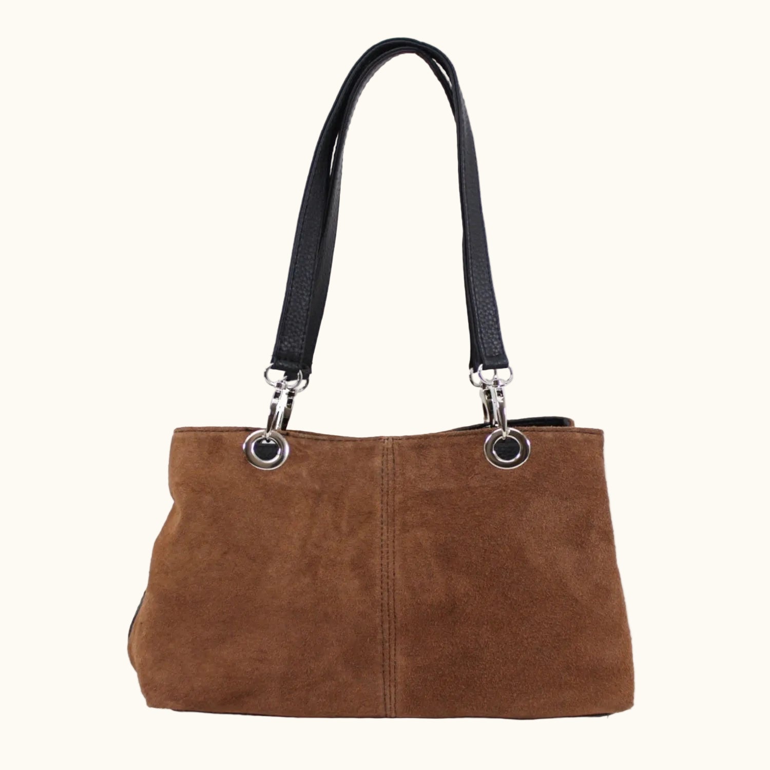 Brown handbag with black handles on a white background