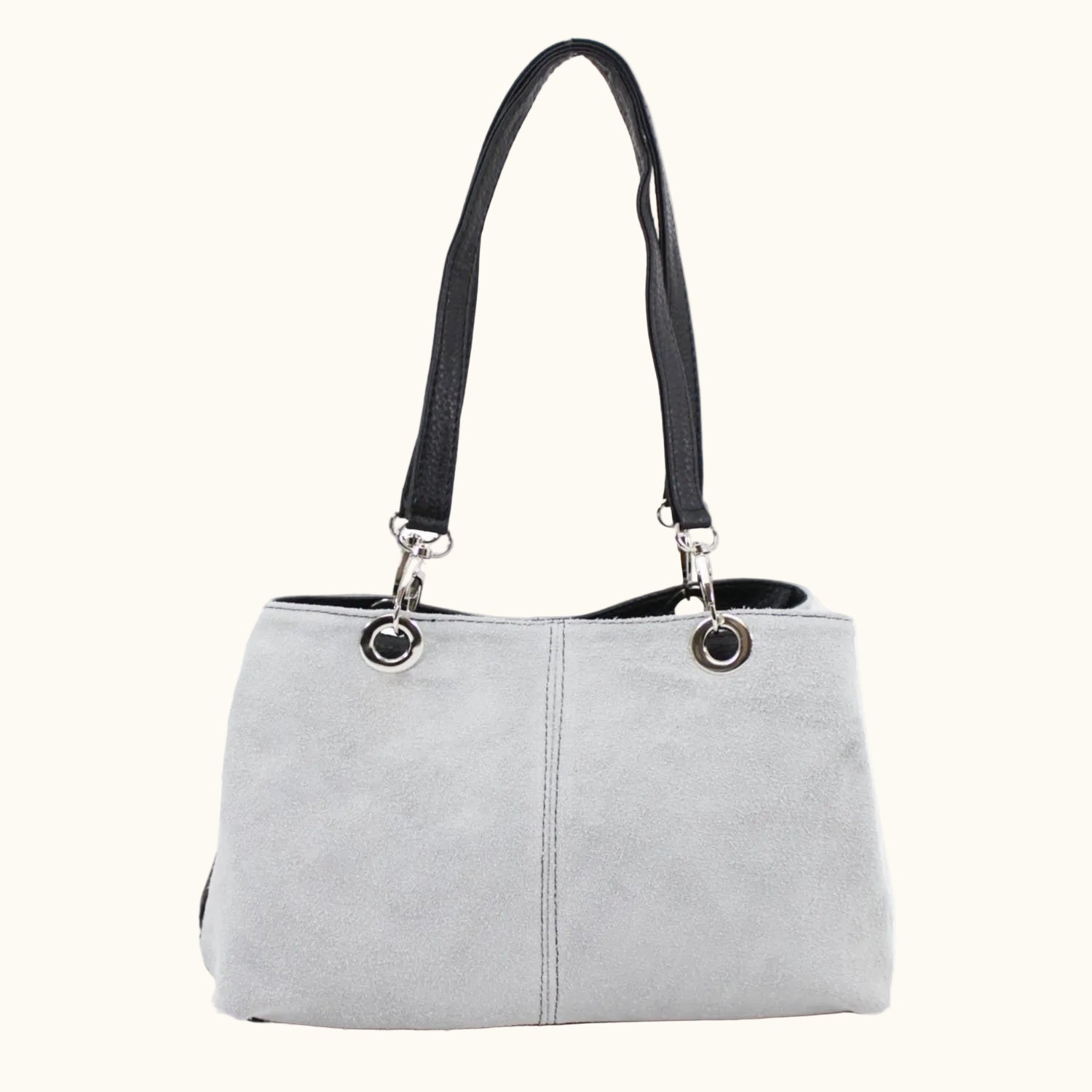 Gray handbag with black handle on a white background