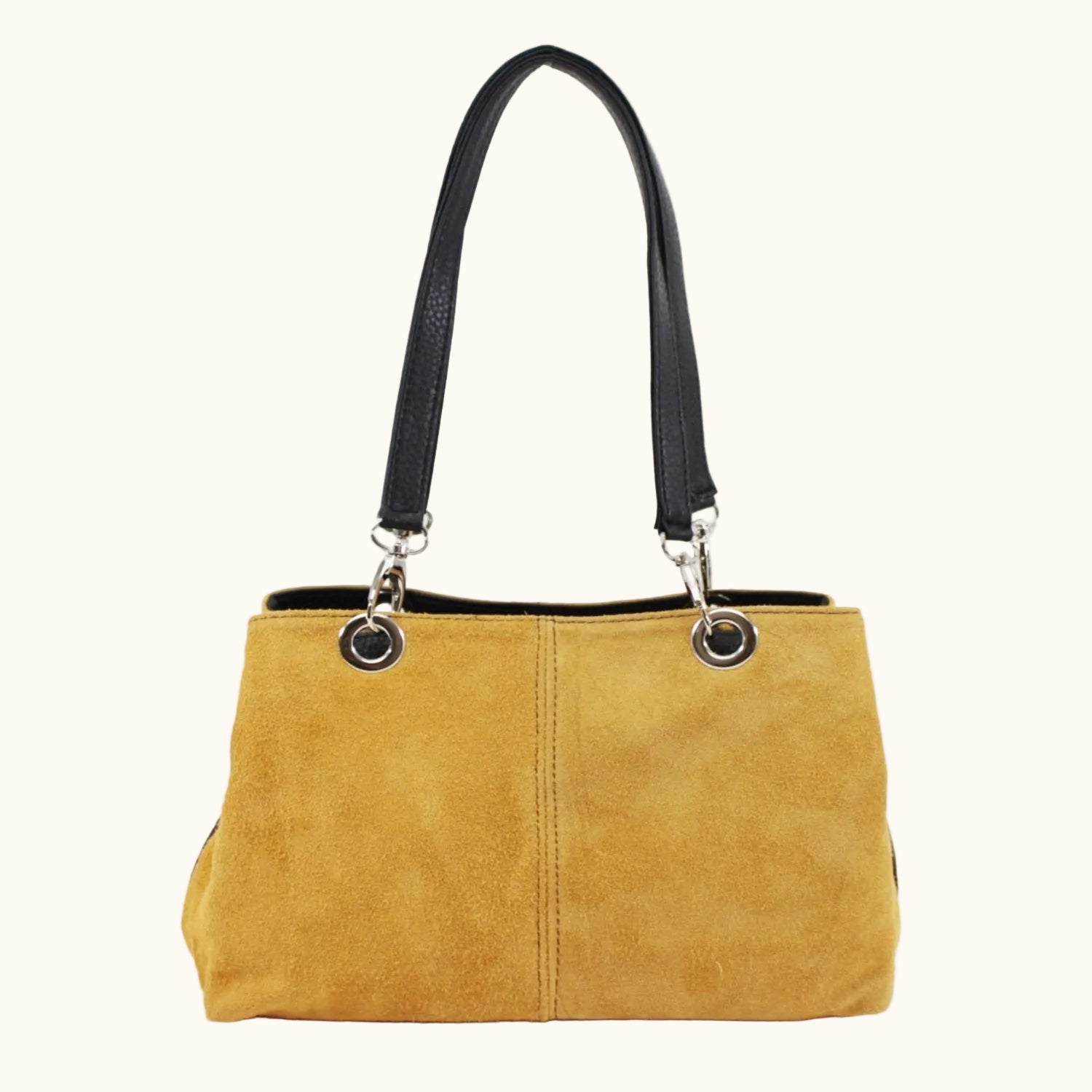 Yellow handbag with black handle on a white background