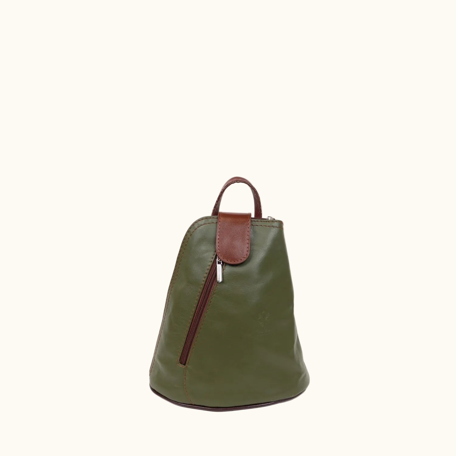 Green leather backpack with brown accents on a white background