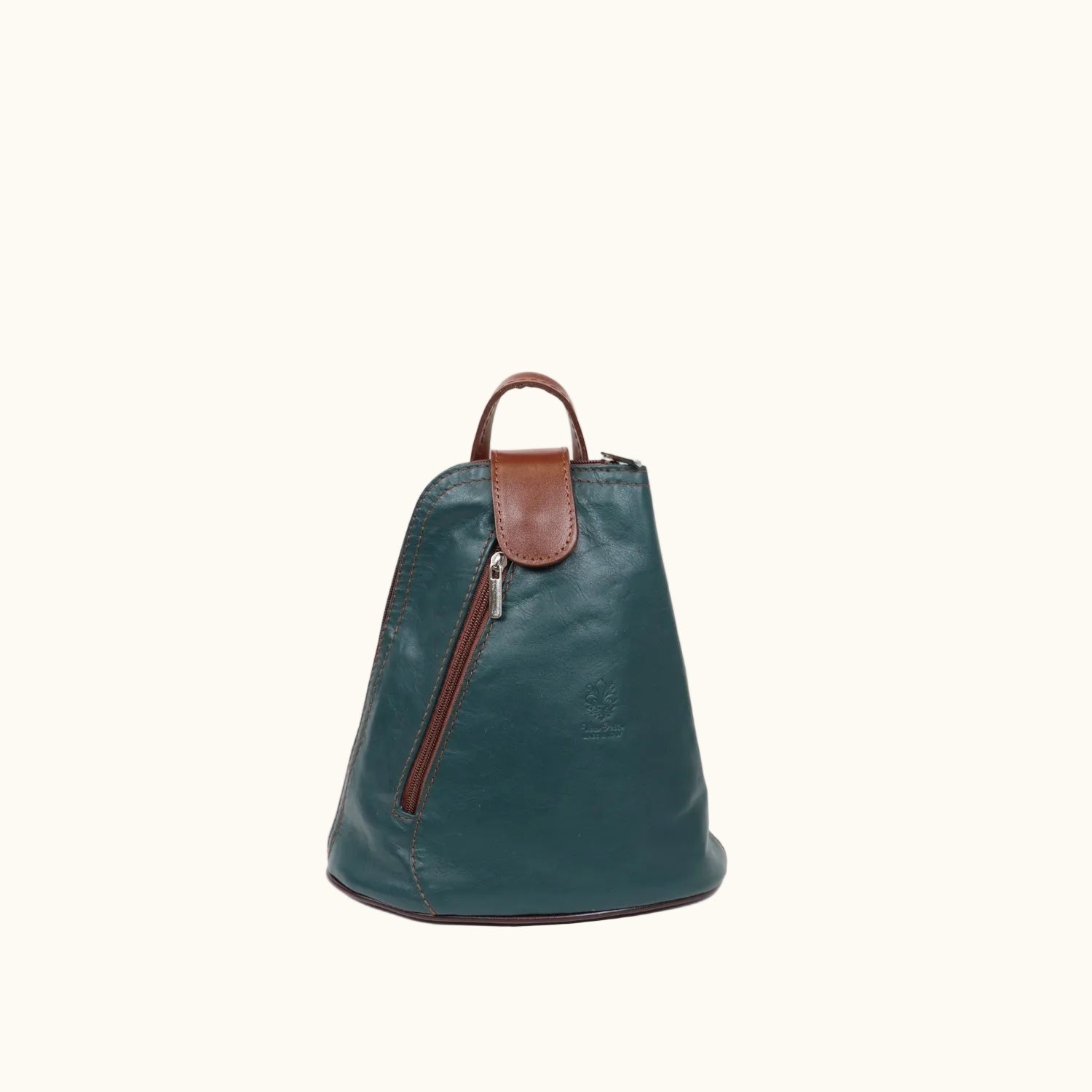 Green leather backpack with brown accents on a white background