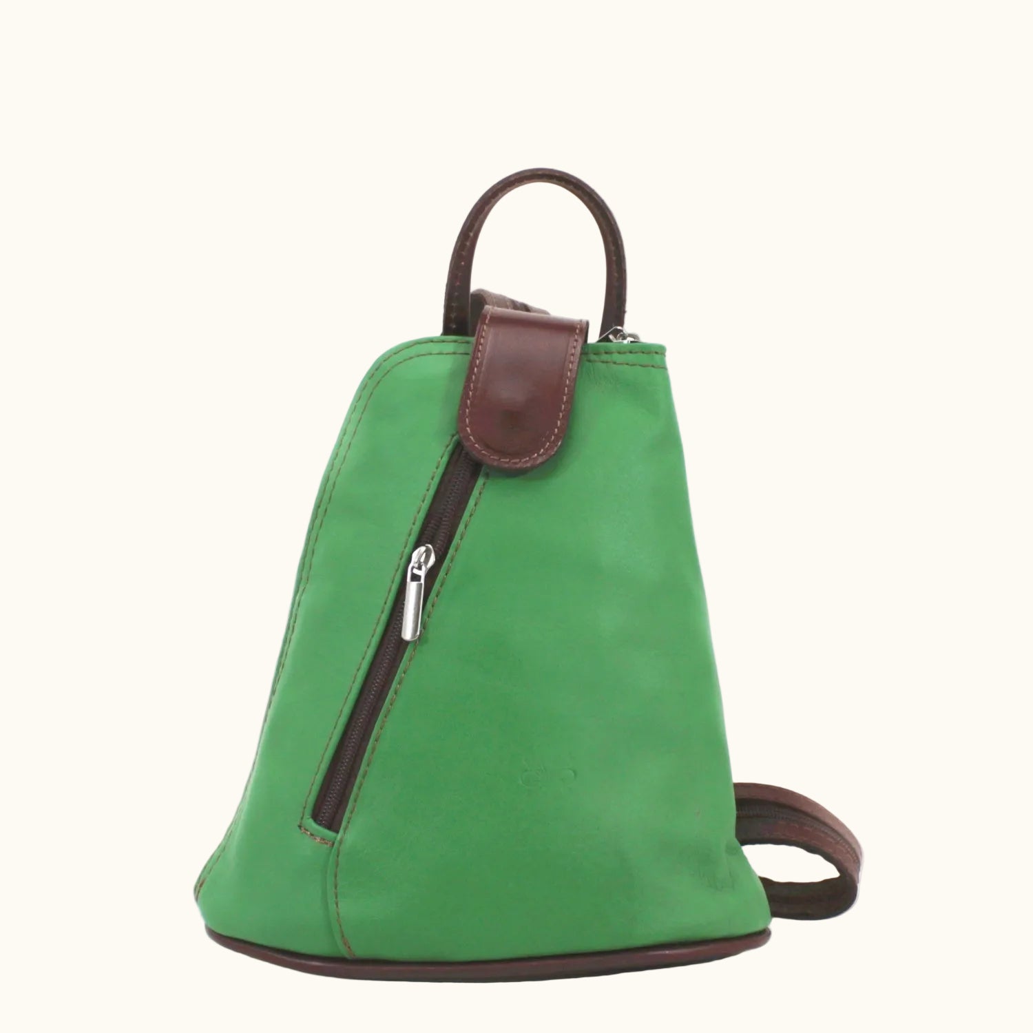 Green backpack with brown accents on a white background