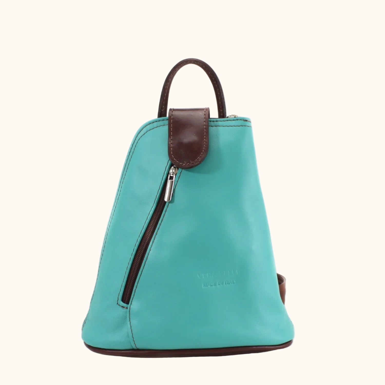 Teal backpack with brown accents on a white background