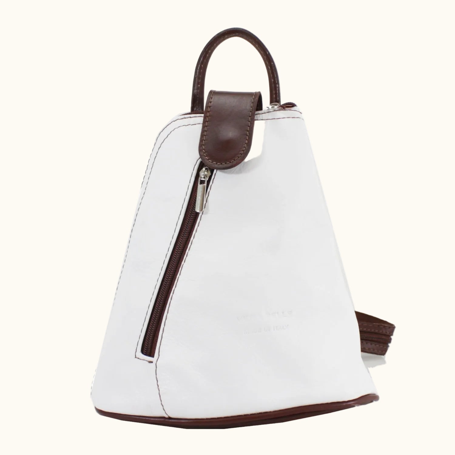 White backpack with brown accents on a white background