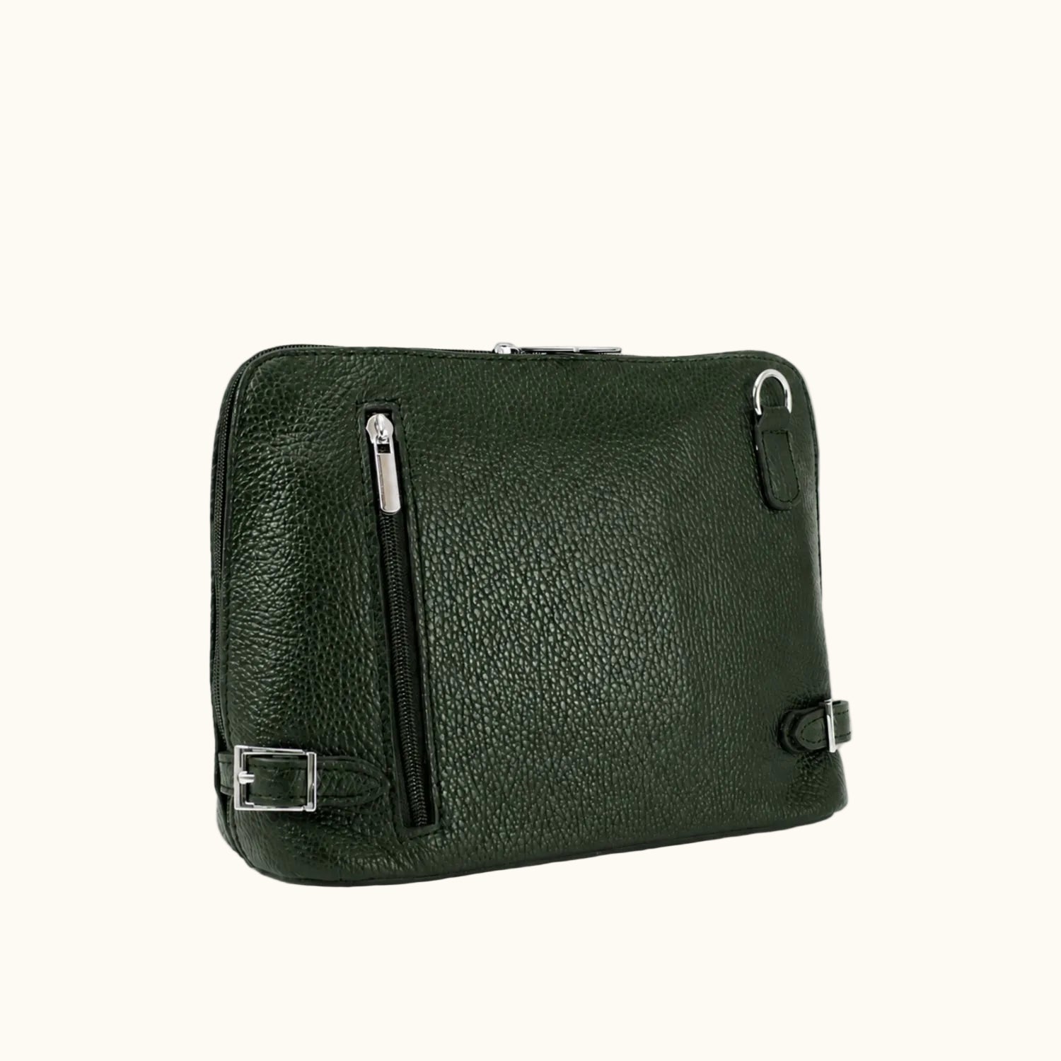 Green leather bag with zippers on a white background